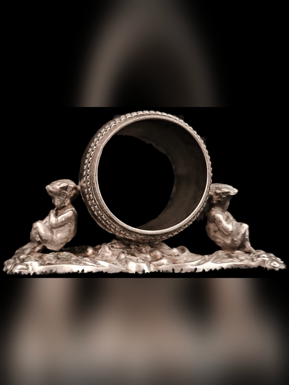 Vintage Antique Figural Napkin Ring Seated Figures Ornate Silverplate Victorian